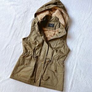 olive green hooded faux fur lined vest